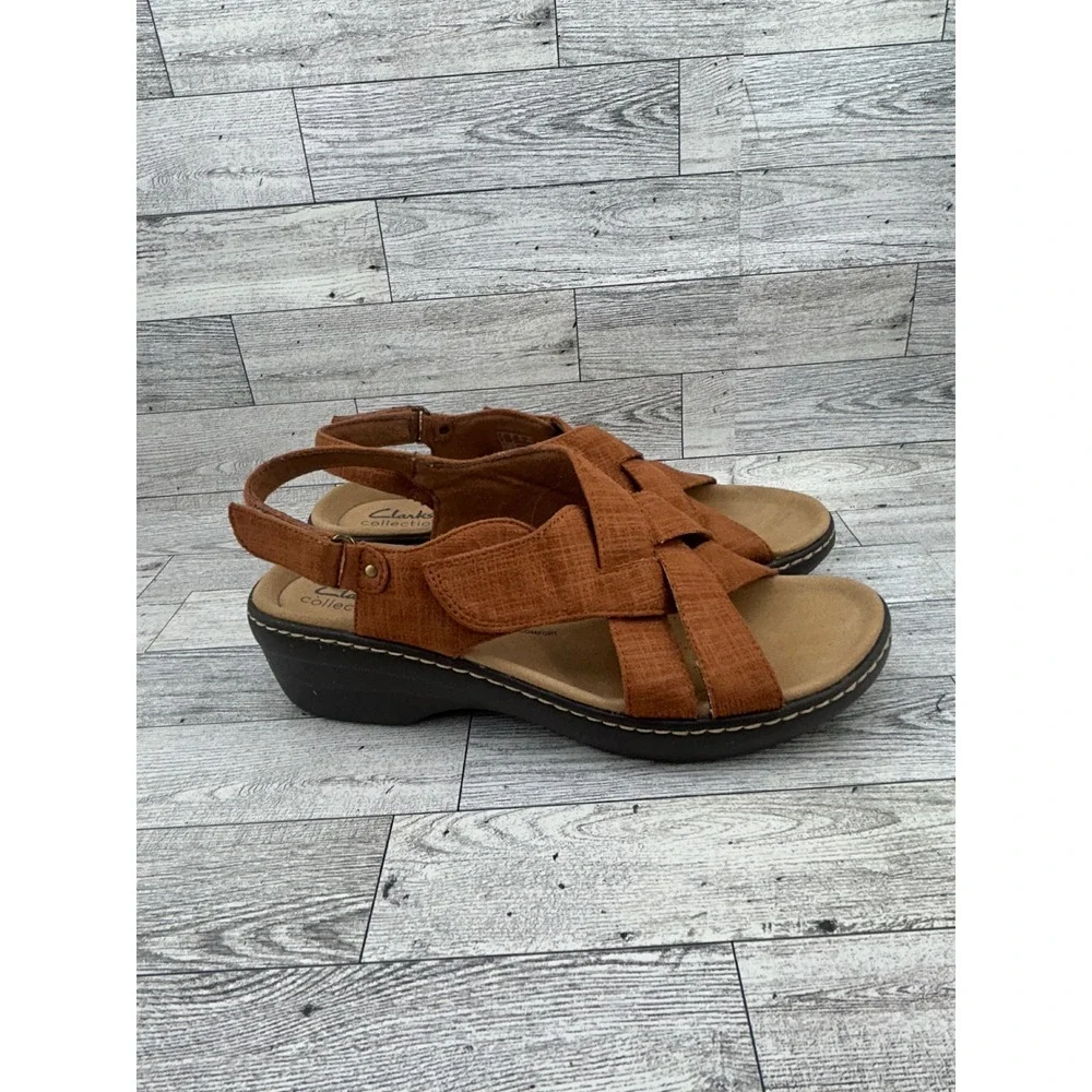 Clarks Collection Women Tan Brown Woven Wedge Sandals Ultimate Comfort Sz 9M